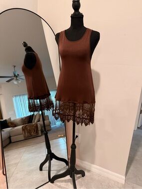 Origami Brown Lace-Hem Tunic Tank Top